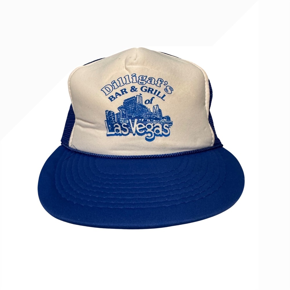 Vintage Dilligaf's Bar &‎ Grill Las Vegas Trucker Hat Nissin Cap Blue White Mesh
